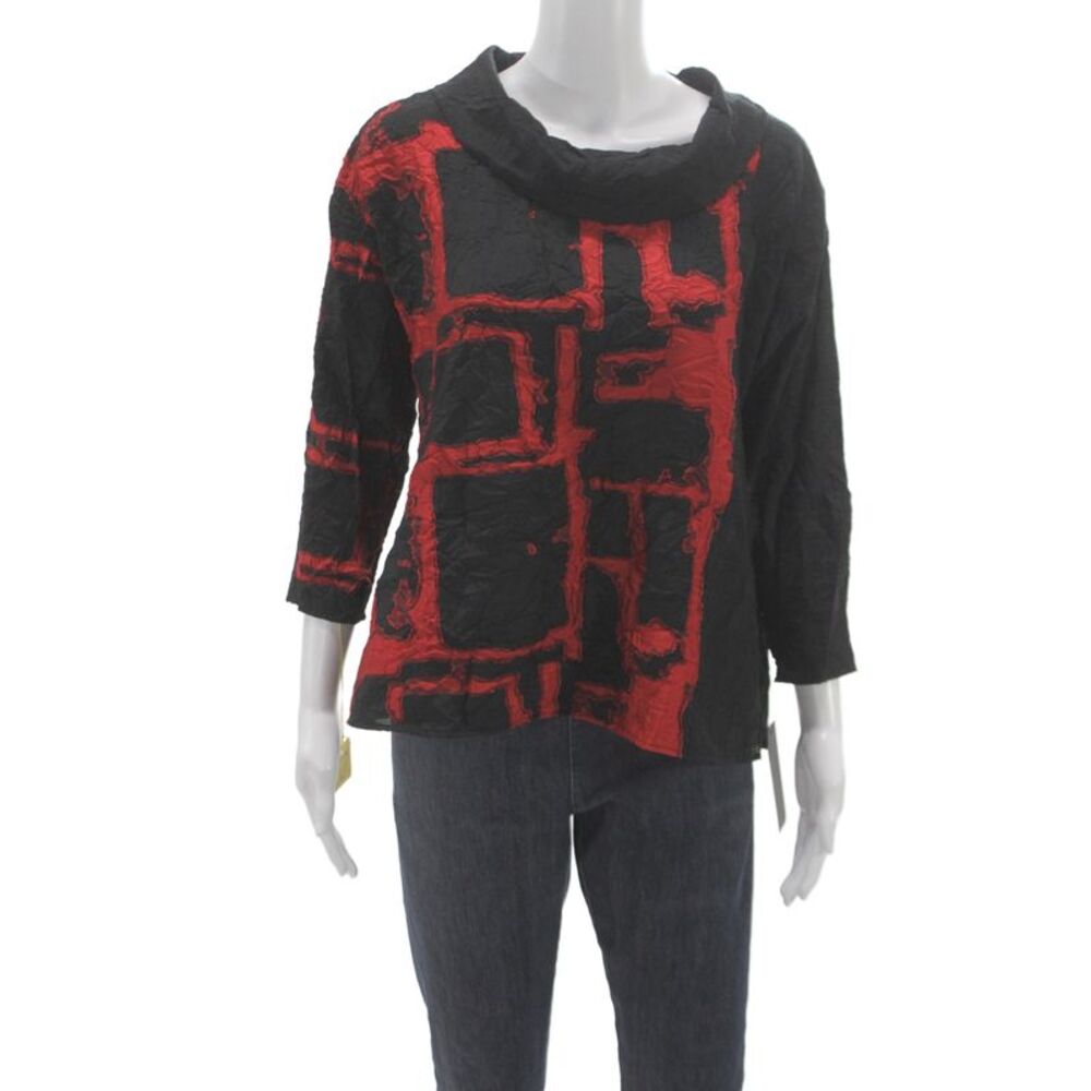 Sydney Women Tunic Blouse Black Geometric Cowl Neck 3/4 Sleeve Viscose Size M